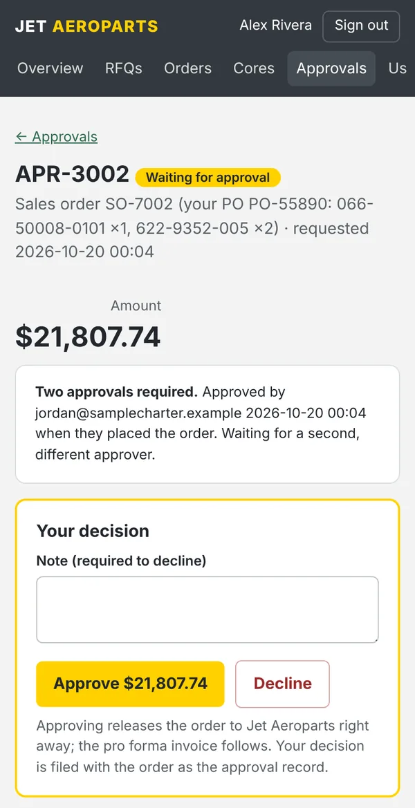 An order approval on a phone: two approvals required, one given, approve or decline