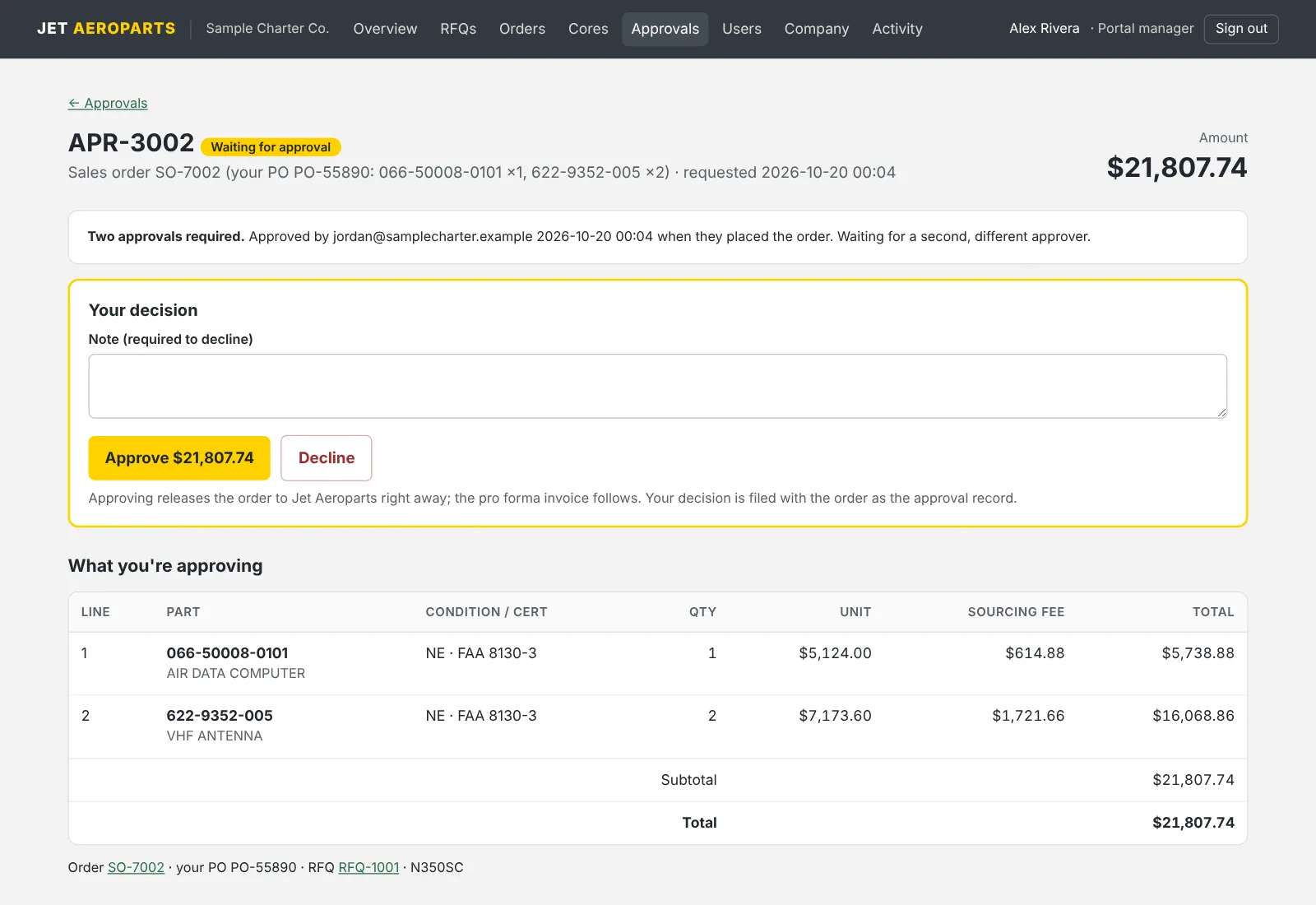 Approval page showing the order lines, sourcing fees, total and approve or decline buttons