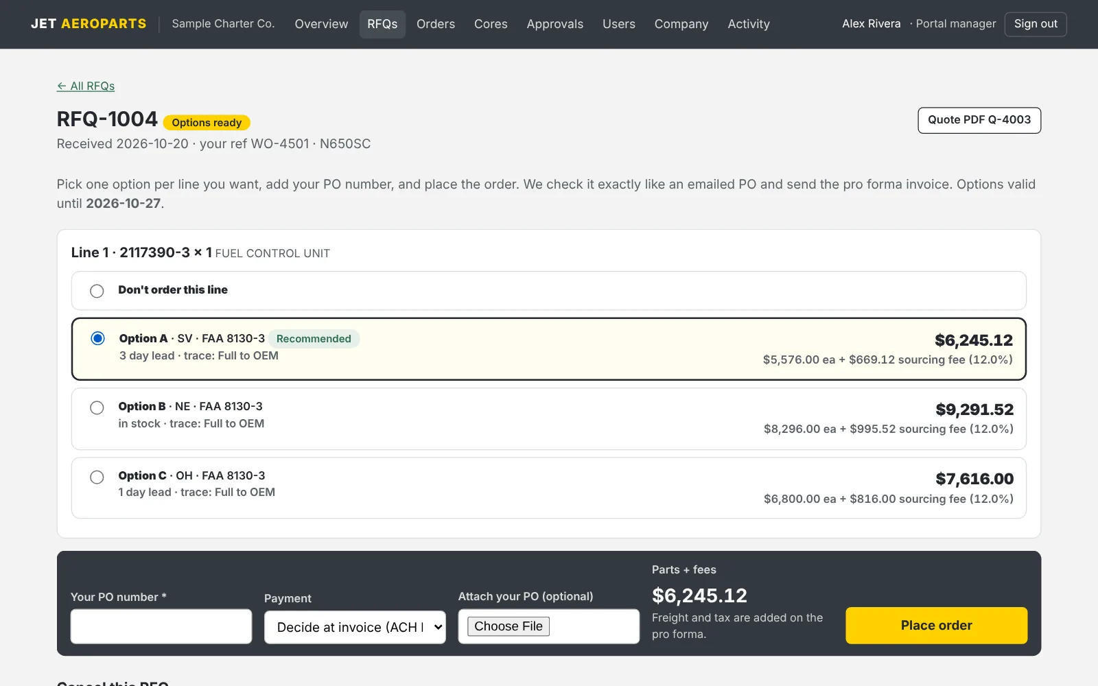 Sourcing options for a part: condition, certification, lead time, price and sourcing fee, with a place order panel